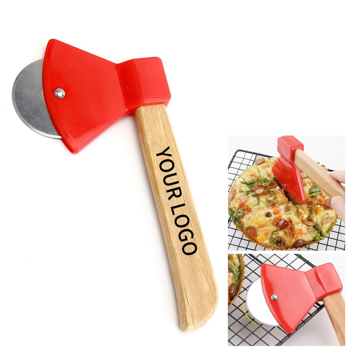 Pizza Cutter with Axe Style Blade and Bamboo Grip 1