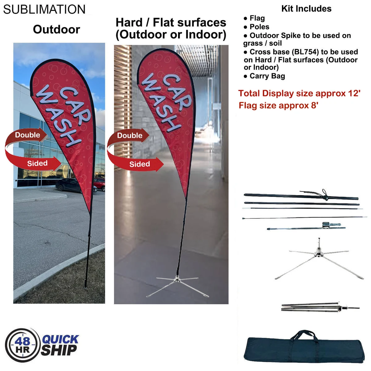 48Hr Quick Ship -12' Medium Tear Drop Flag Kit Full Color Graphic Double Side, Outdoor & Indoor base 1