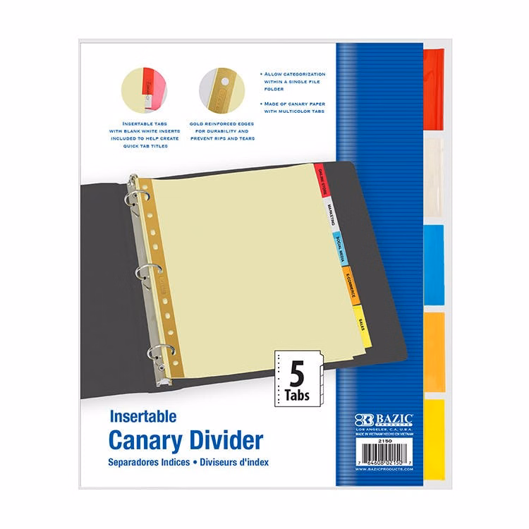 3 Ring Binder Dividers - 5 Color Tabs