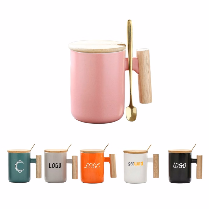 12 oz Ceramic Coffee Mug with Wooden Lid And Spoon