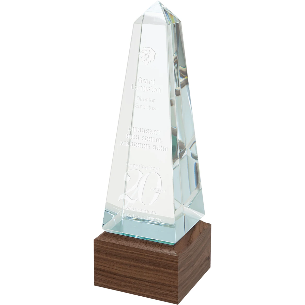 9 3/4" Obelisk Sierra Glass Award with Walnut Base 1