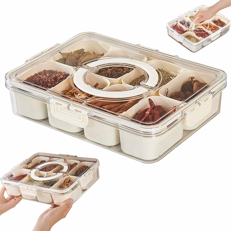 8-Compartment Spice Storage Box with Clear Lid For Kitchen