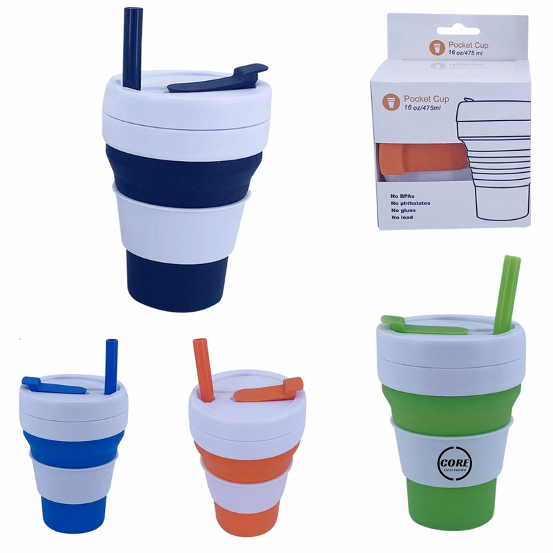 16Oz Silicone Collapsible Travel Water Cup With Straw