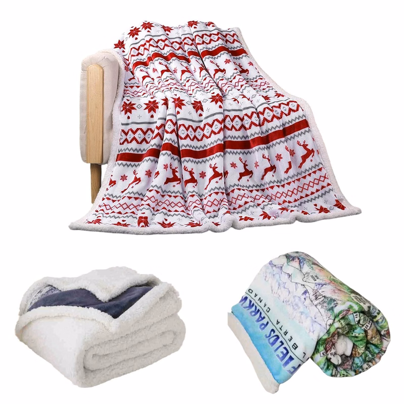 Double Layer Printed Sherpa Fleece Throw Blanket