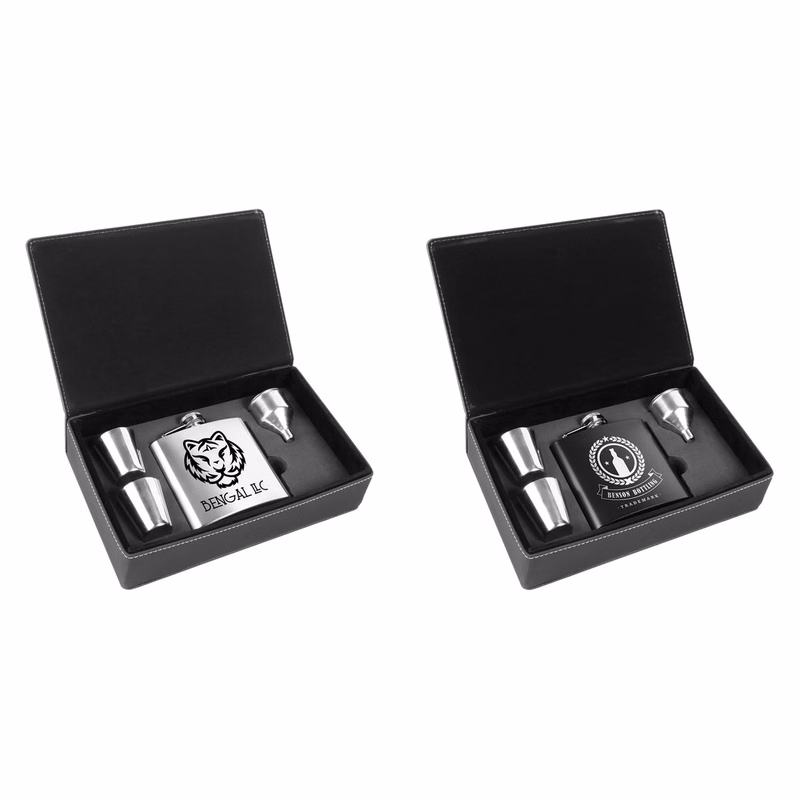 6 oz Stainless Steel Flask Set in Leatherette Box