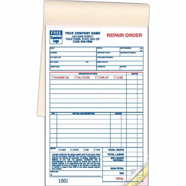 Garage Repair Orders, Booked, Carbonless