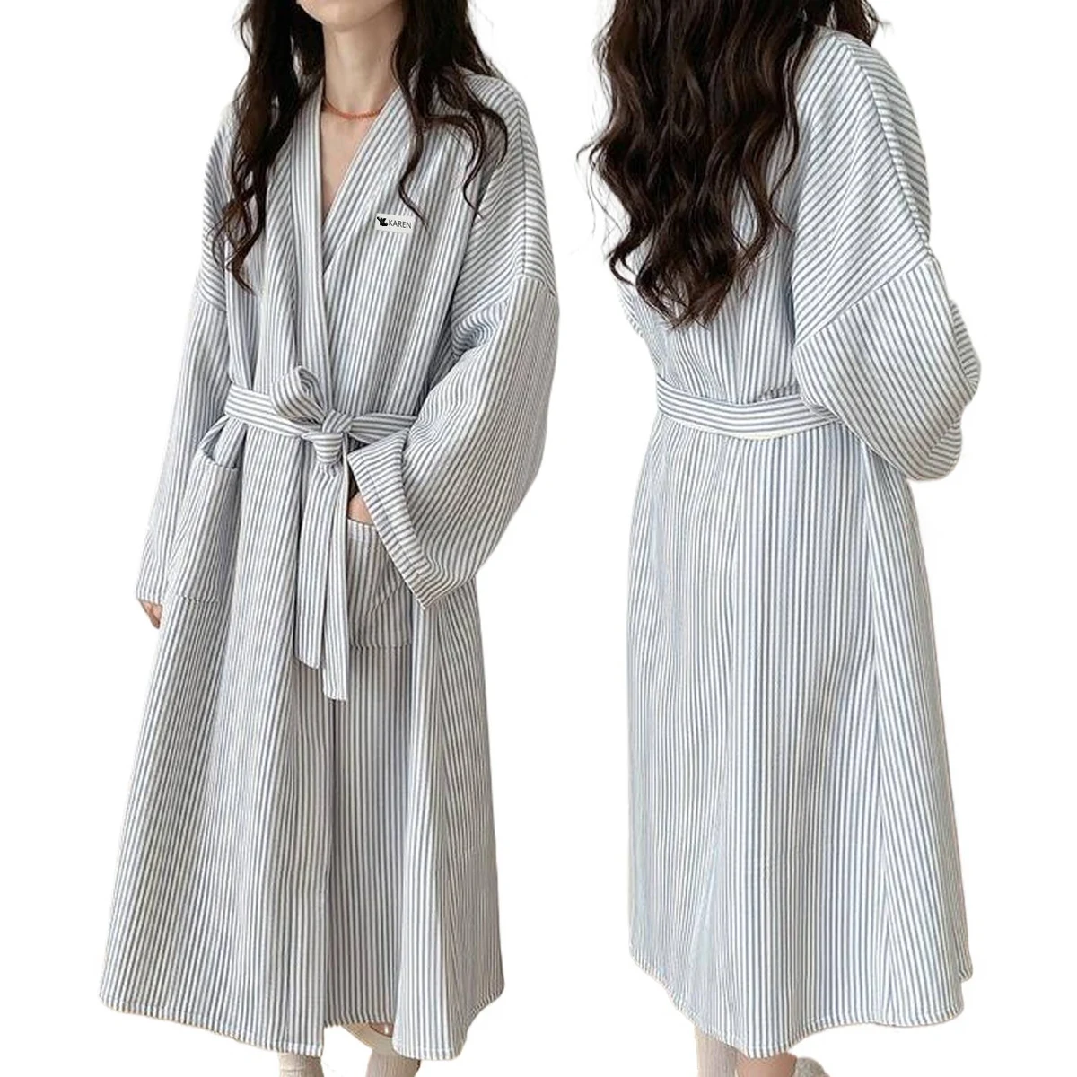 Women Winter Thermal Striped Bathrobe Loungewear 1