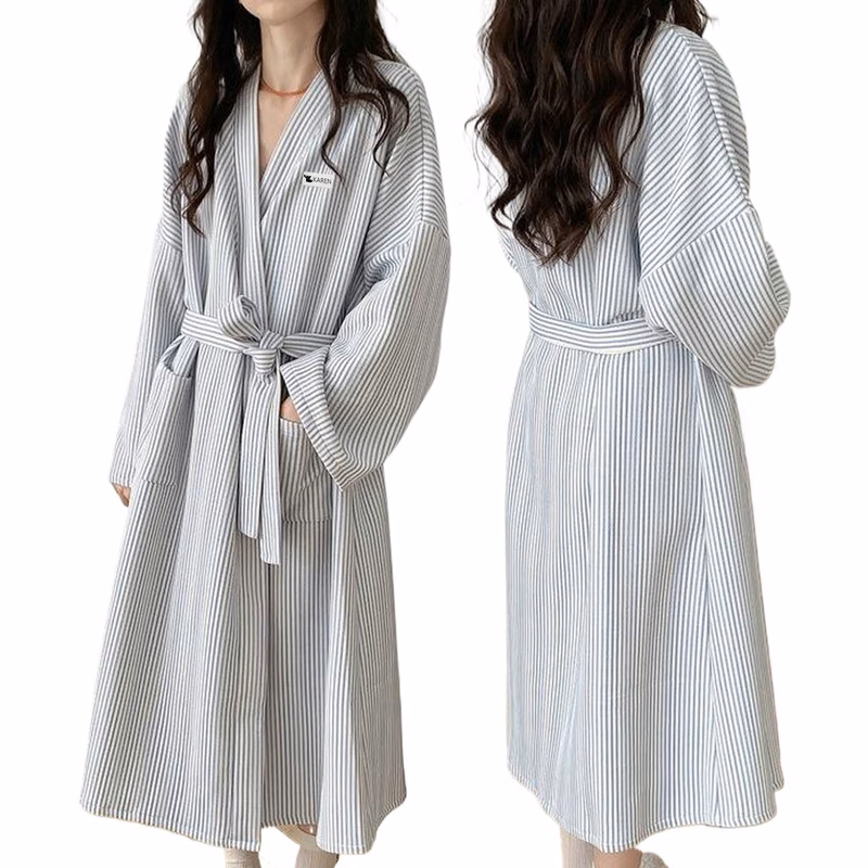 Women Winter Thermal Striped Bathrobe Loungewear