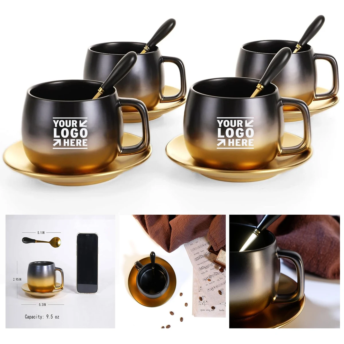 European Style Tea Black Gold Gradual Vintage Ceramic Cup Set Coffee Mug With Spoon Saucer 1