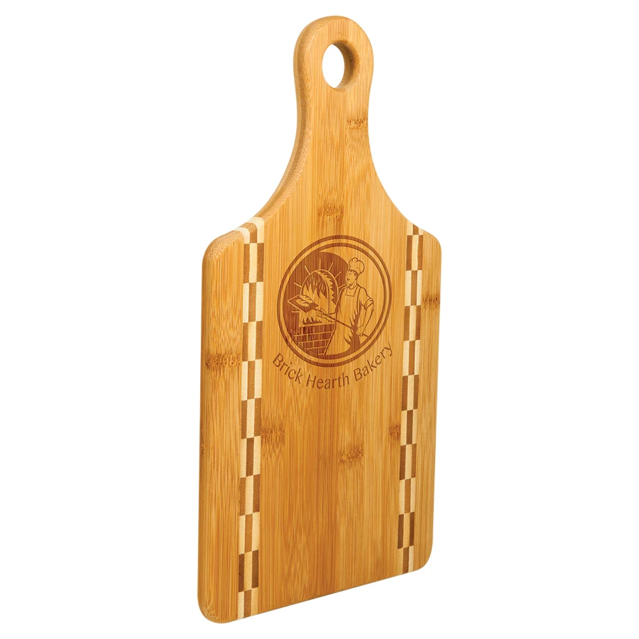 13 1/2" x 7" Paddle Shaped Bamboo Cutting Board with Butcher Block Inlay 1