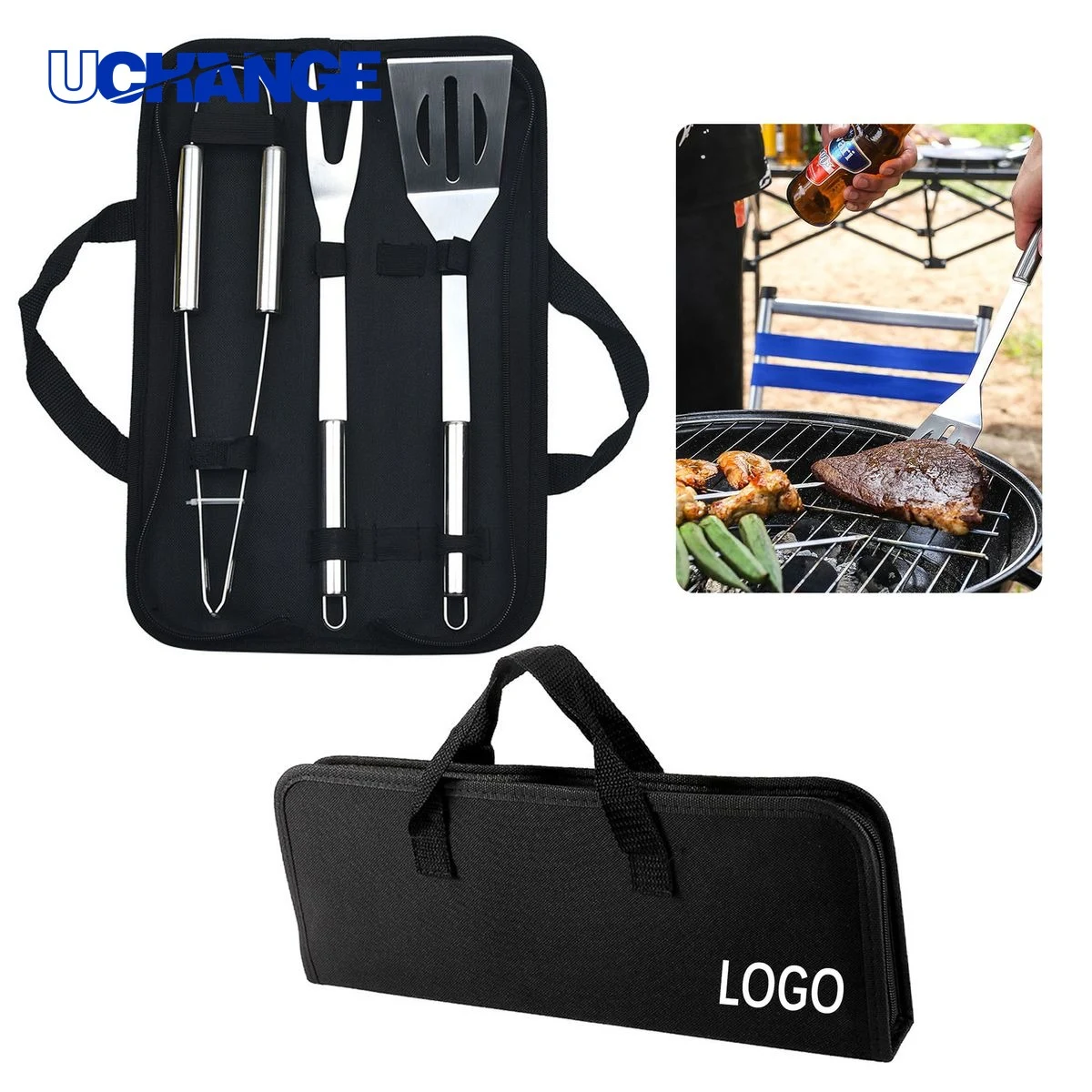 Stainless Steel 3 Piece BBQ Tool Set With Bag 1