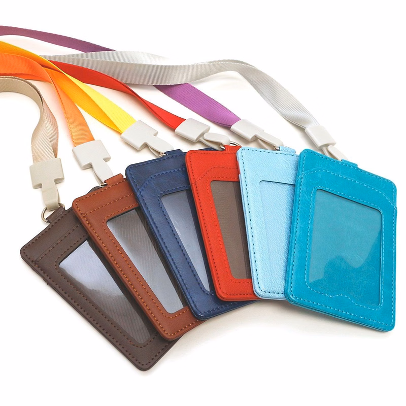 Leather ID Badge with Nylon Lanyard and Plastic J-hook Attachment