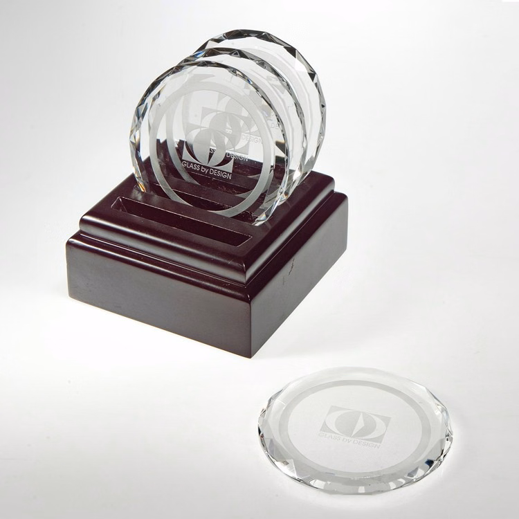 4pcs 3 1/2" Optical crystal coaster with wooden base