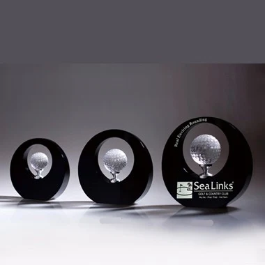 Optical Crystal Golf Trophy in Black Round Crystal Housing,Medium Size 1