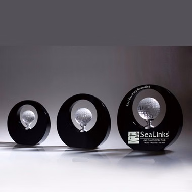 Optical Crystal Golf Trophy in Black Round Crystal Housing,Medium Size