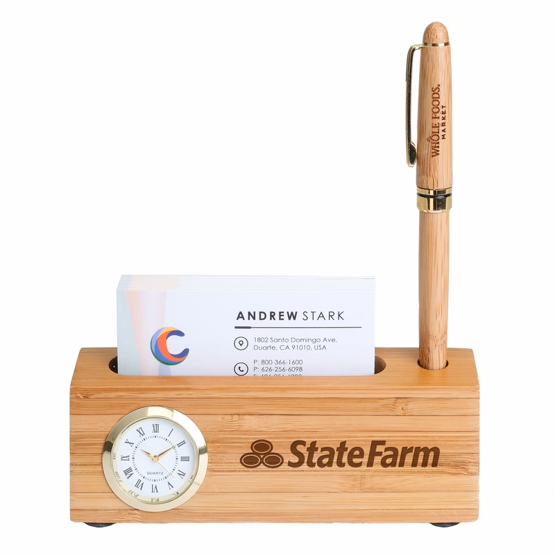 Bamboo Business Card & Pen Holder Clock