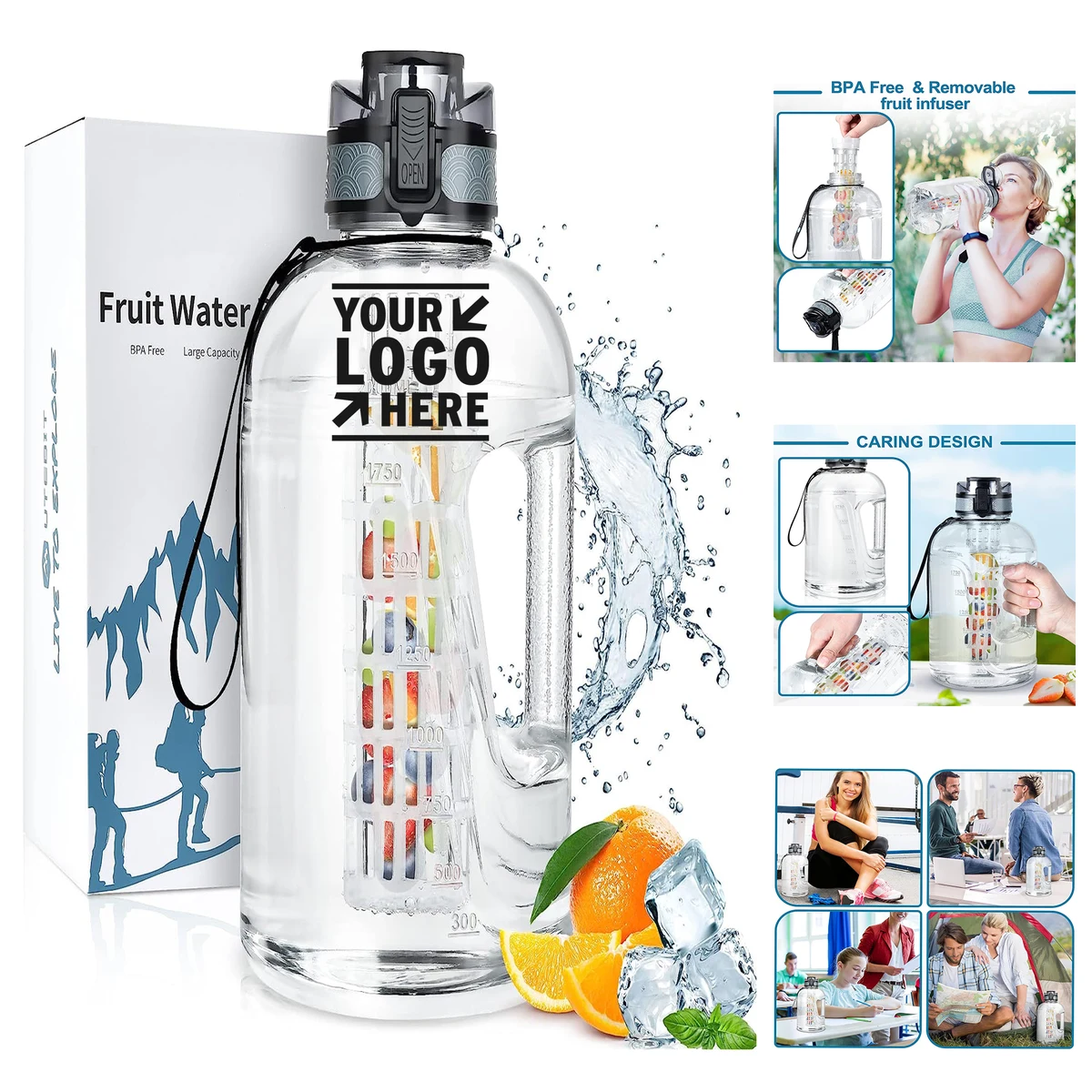 74 OZ Leak Proof Fruit Infuser Half Gallon Insulated Sport Water Bottle Large Jug With Straw 1