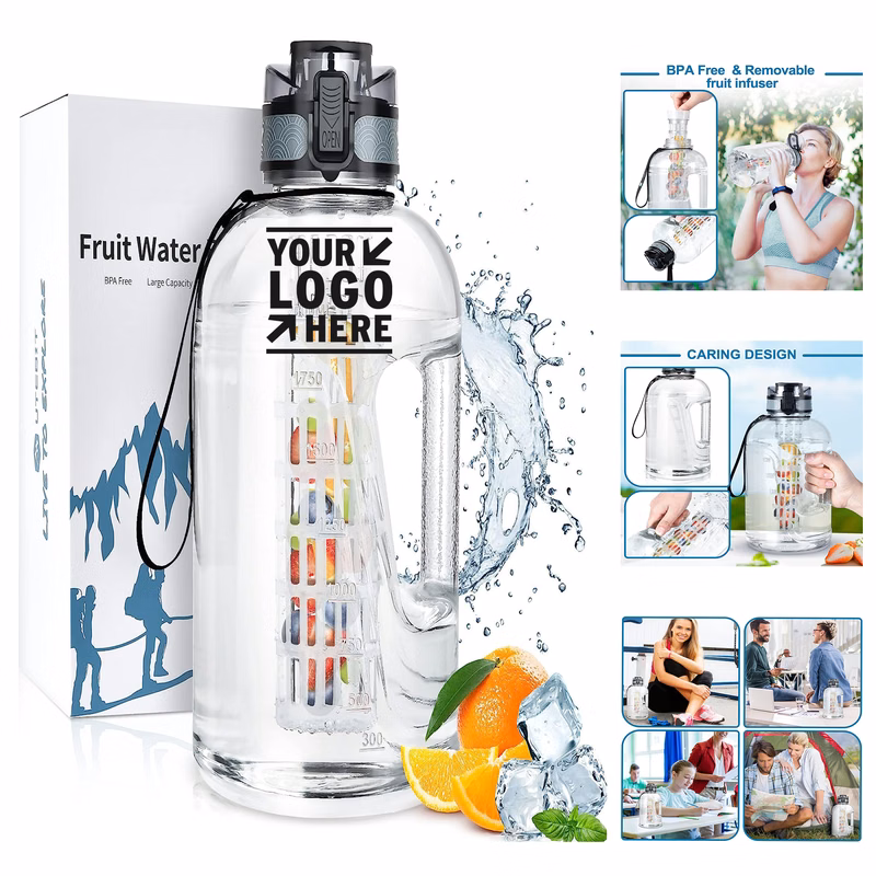 74 OZ Leak Proof Fruit Infuser Half Gallon Insulated Sport Water Bottle Large Jug With Straw