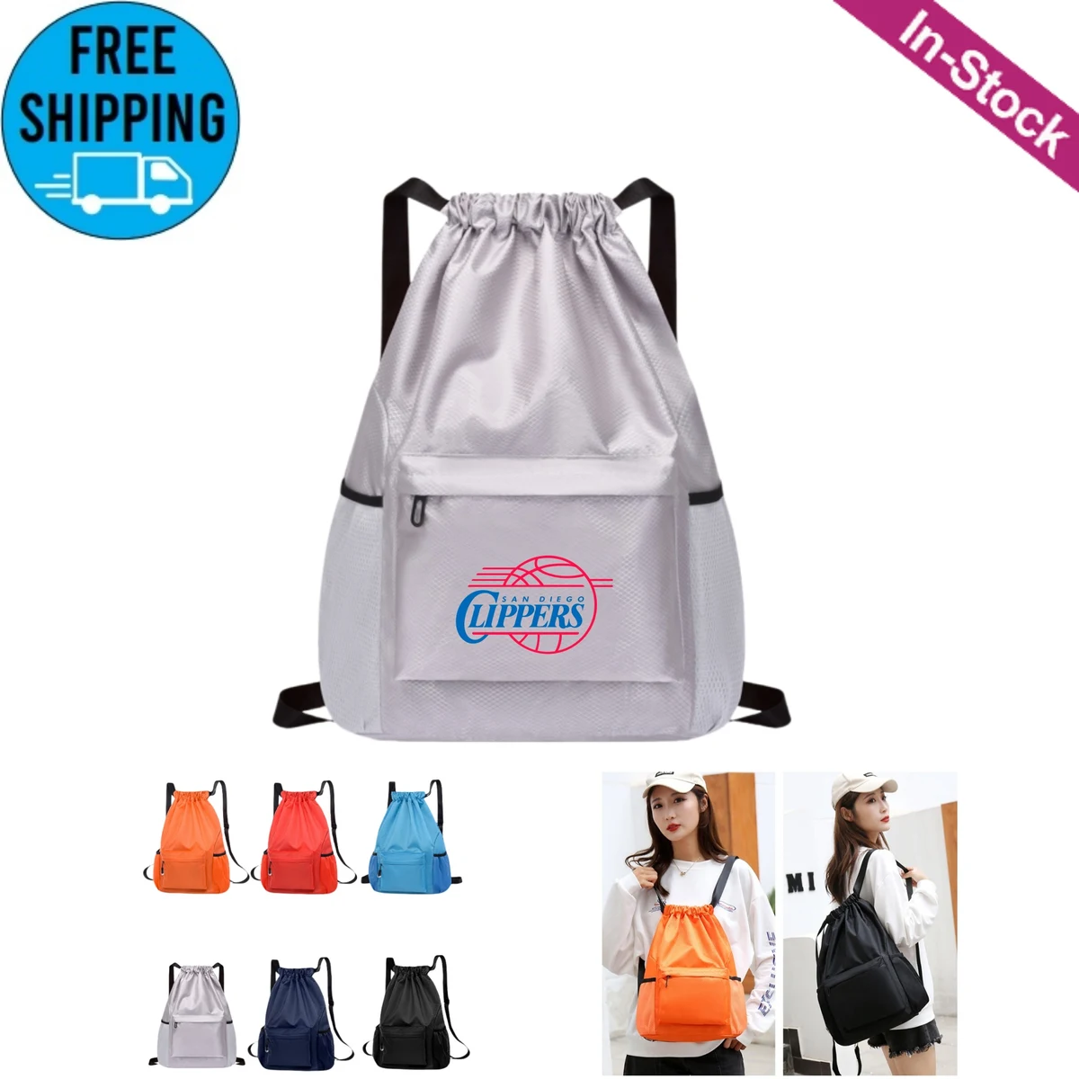 Waterproof Drawstring Backpack with Water Bottle Holder 1