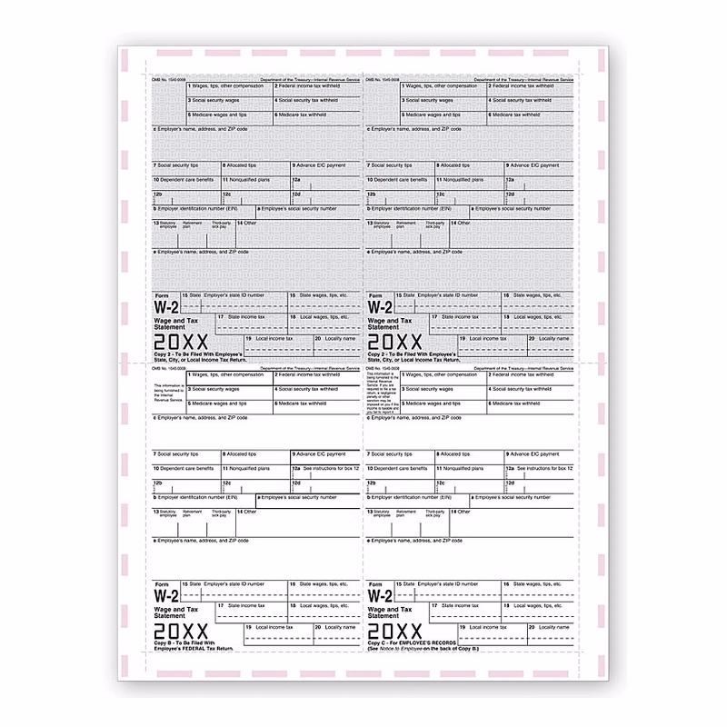 W-2 Tax Forms, 11" 4-Up Laser, Pressure Seal - 500 Sheets/Pk