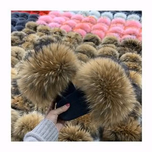 Stable Quality Real Raccoon Soft Natural Fluffy Slippers
