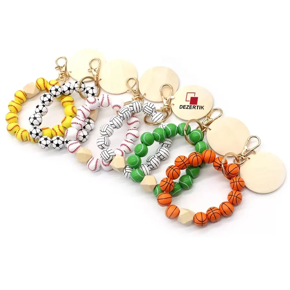 Custom Sports Ball Wooden Bead Bracelet Keychain 1
