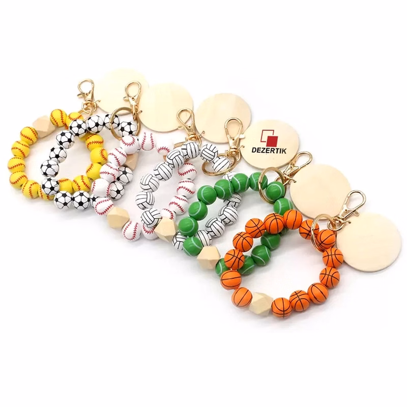 Custom Sports Ball Wooden Bead Bracelet Keychain