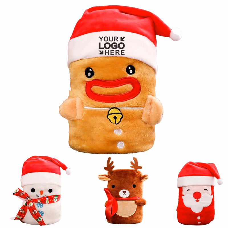 MOQ50Pcs Collapsible Christmas Doll Rollup Blanket With Sant