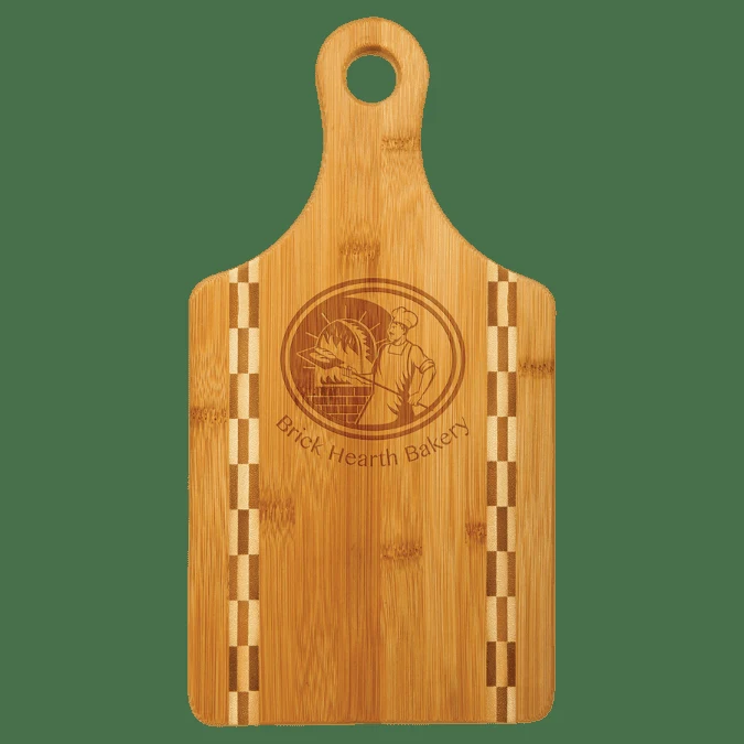13 1/2" x 7" Multi Brown Paddle Shaped Bamboo Cutting Board with Butcher Block Inlay 1