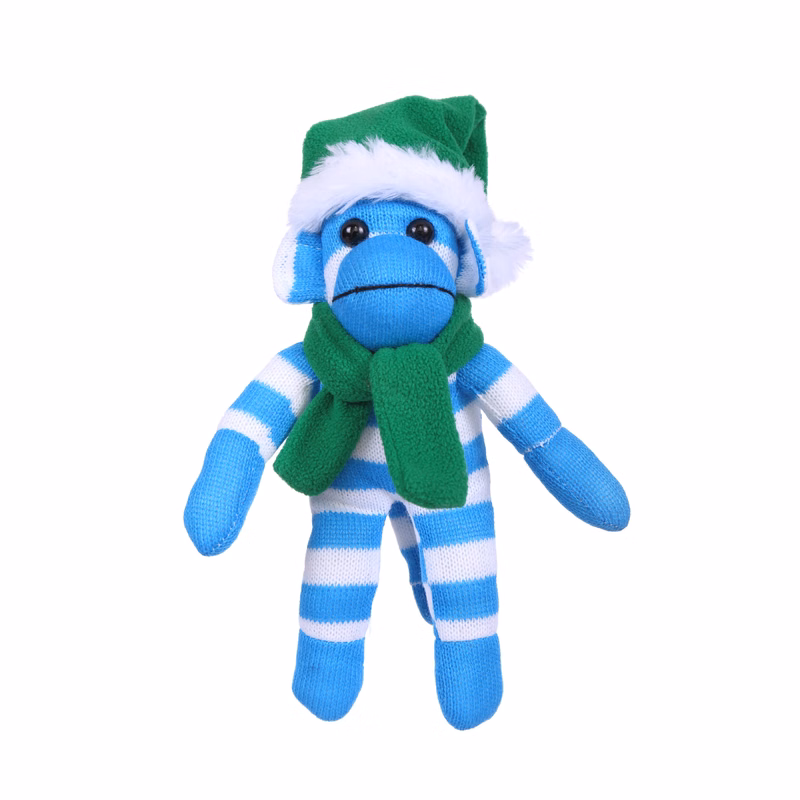 Blue Sock Monkey (Plush) with Christmas Hat and Scarf