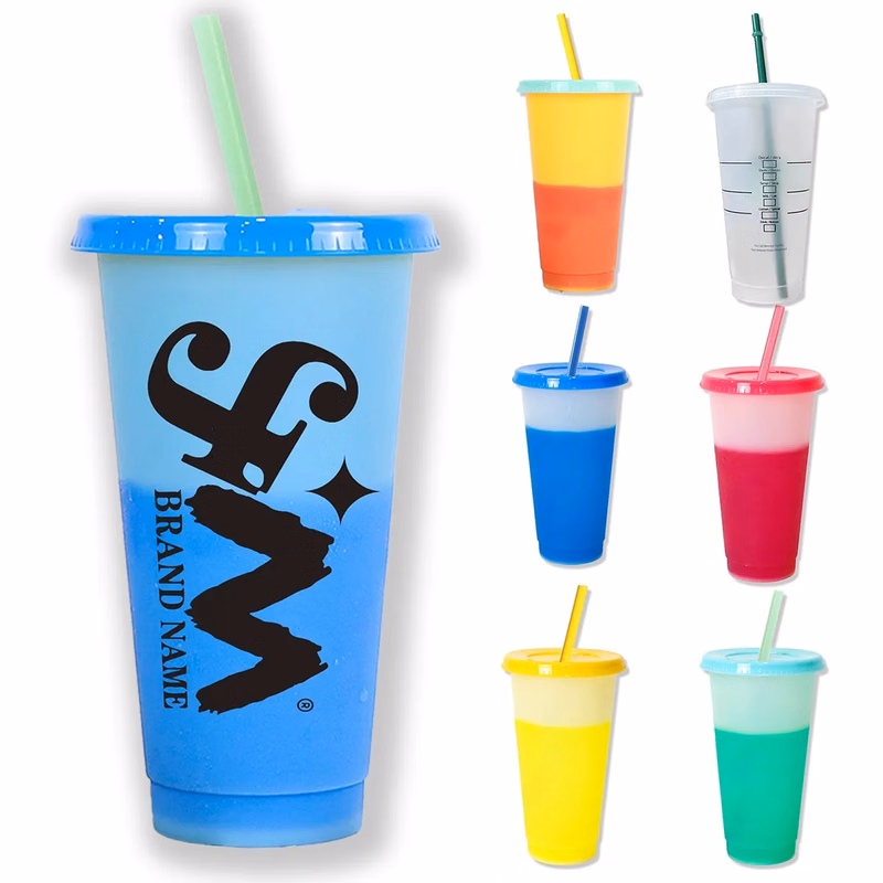 24oz Reusable Color Changing Iced Cups With Lids And Straws