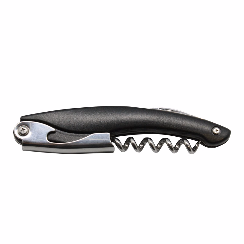 Metal Wine Opener with Corkscrew, Knife, & Black Handle