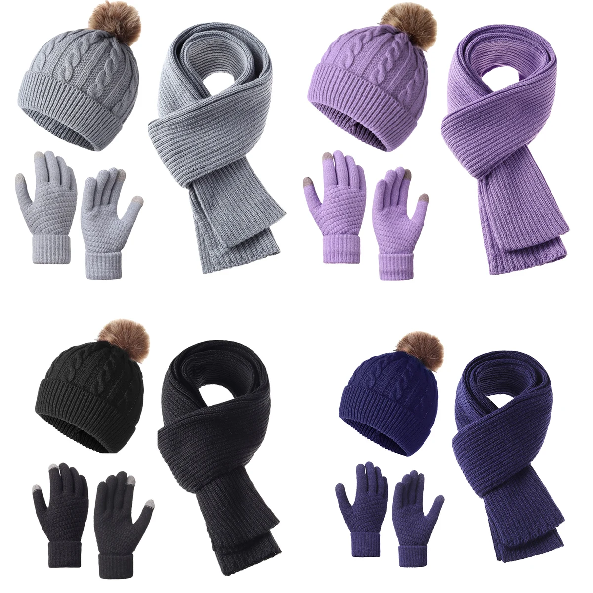 Unisex Winter Knitted Hat Scarf Touch Screen Gloves Set 1