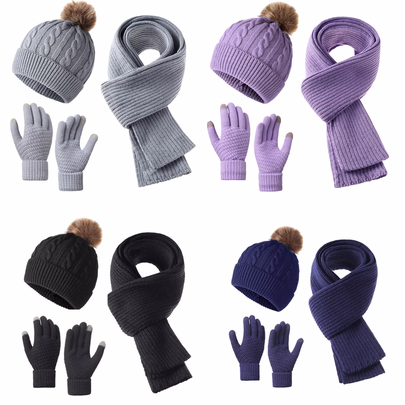 Unisex Winter Knitted Hat Scarf Touch Screen Gloves Set