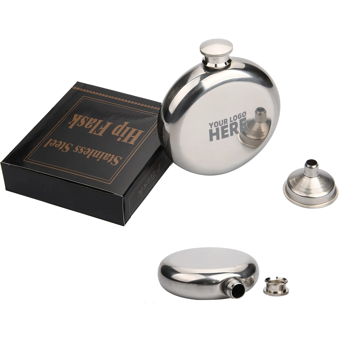 5 OZ Stainless Steel Round Flasks With Funnel, custom water bottle with logo imprint 1