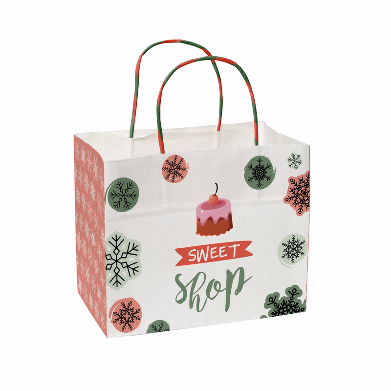 Full Color White Holiday Handle Shopper 8.5" x 7.25" x 5"
