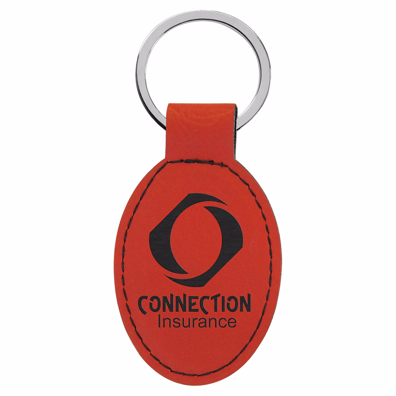 3" x 1 3/4" Red Leatherette Oval Keychain