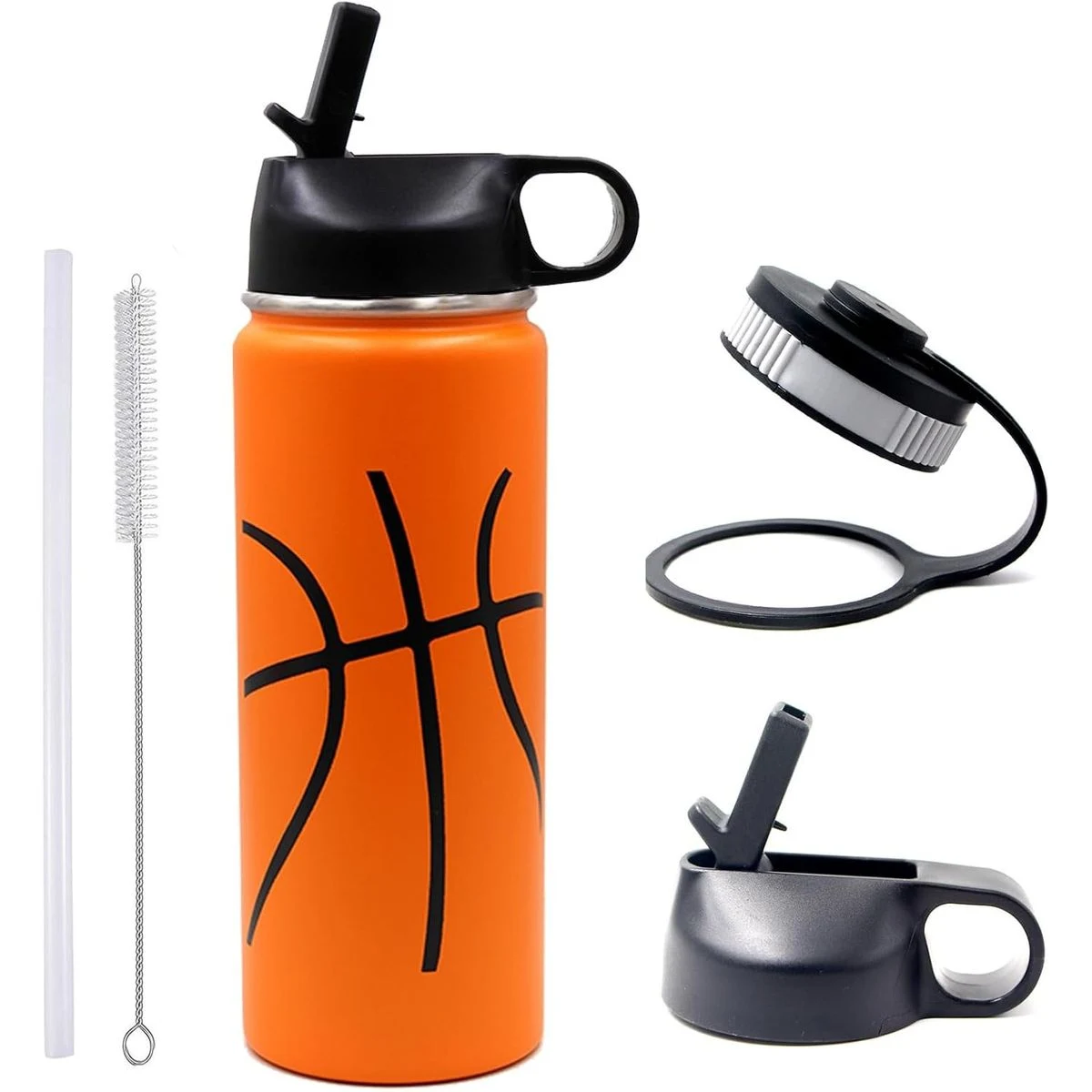 18 oz Basketball Water Bottle, Sports Flask Metal Travel Tumbler with 2 Lids, Stainless Steel Double 1
