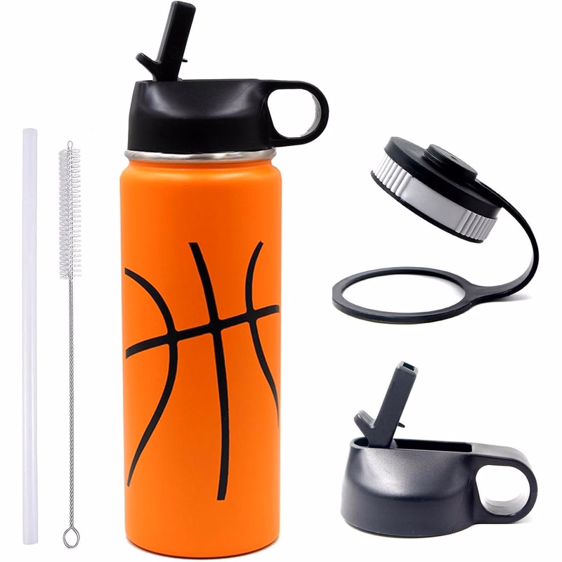 18 oz Basketball Water Bottle, Sports Flask Metal Travel Tumbler with 2 Lids, Stainless Steel Double