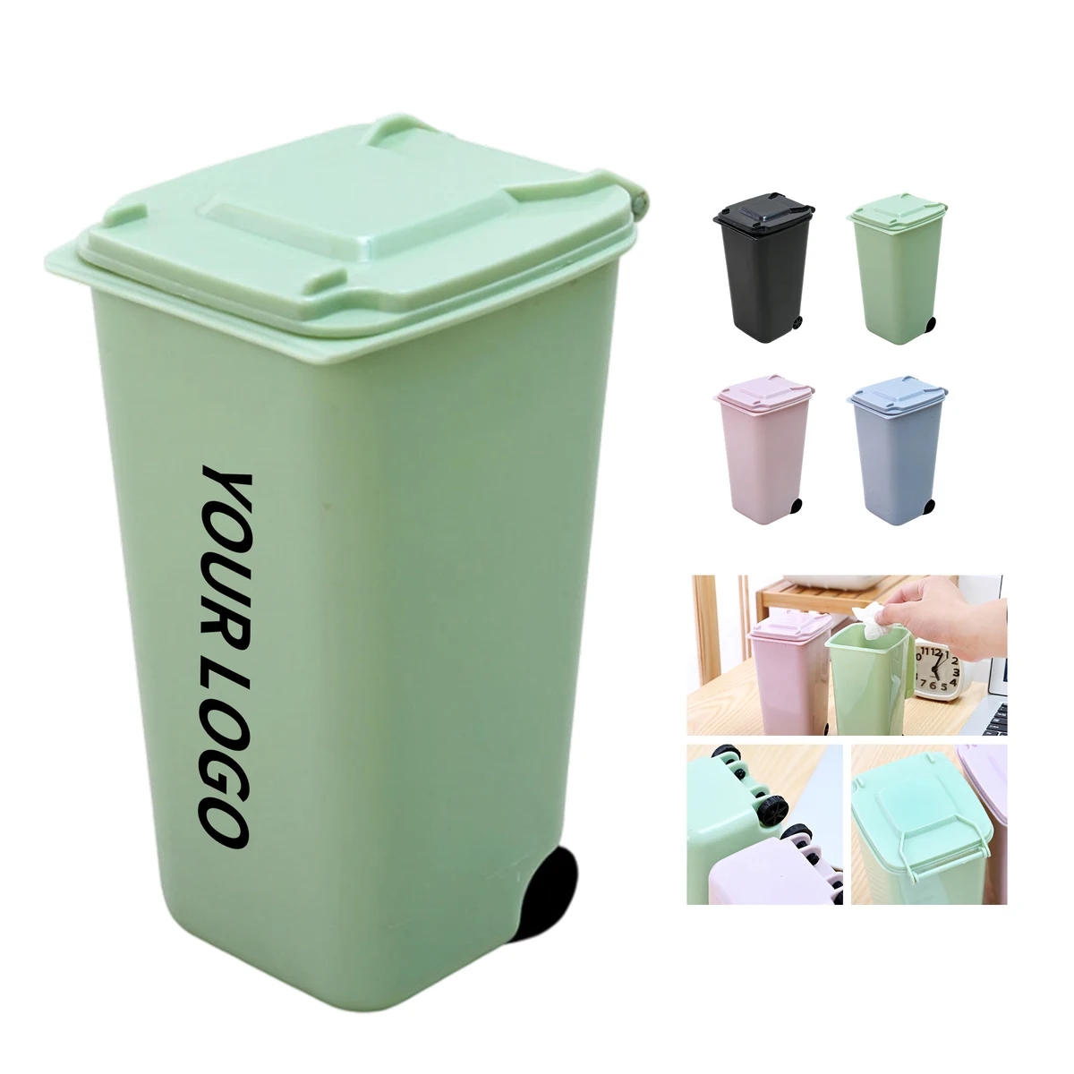 PP Plastic Mini Trash Bin Shaped Pen Holder With Lid 1