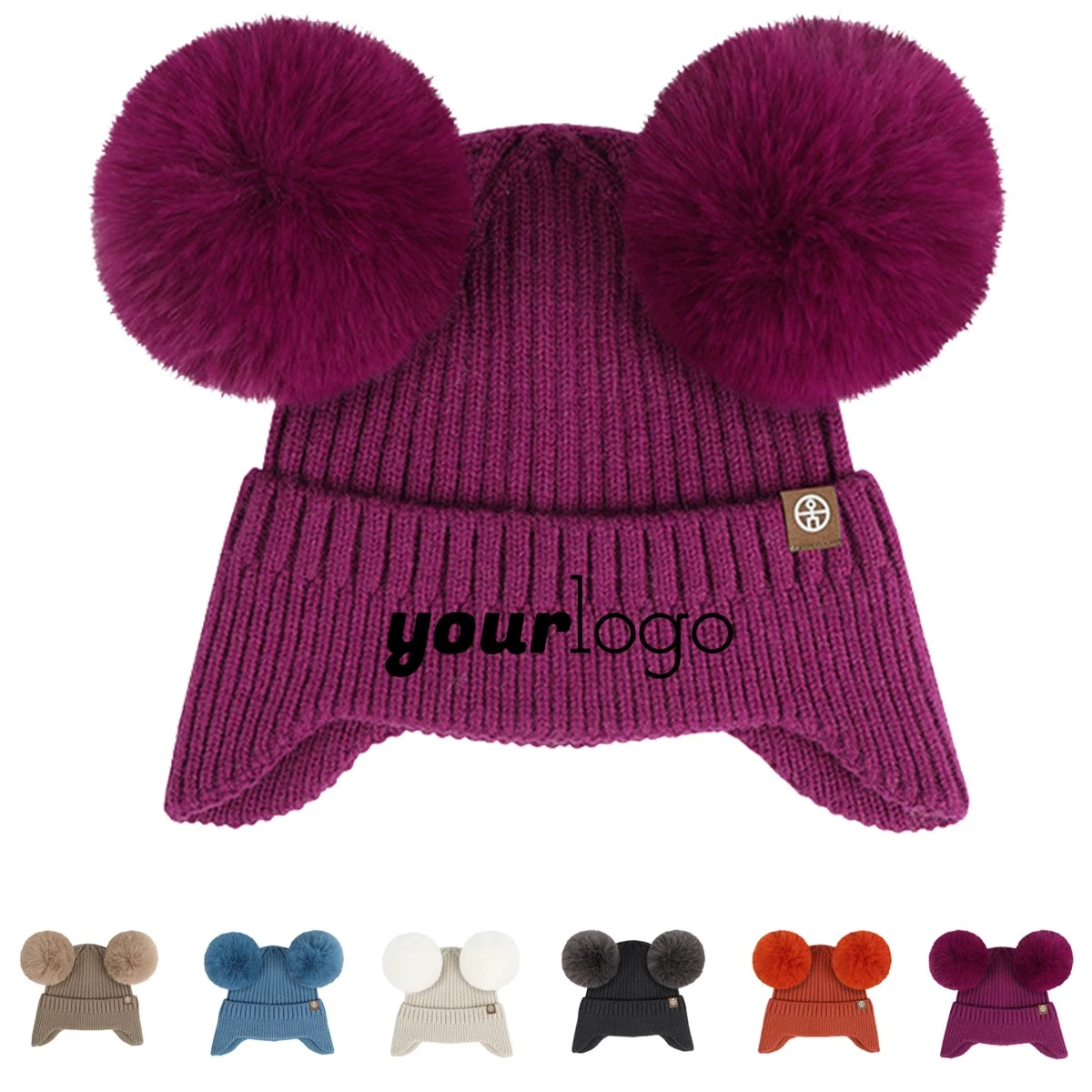 Double Pompom Kids Winter Beanie with Earflaps and Wool Blend 1