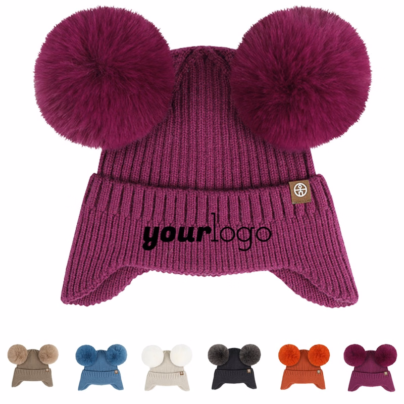 Double Pompom Kids Winter Beanie with Earflaps and Wool Blend
