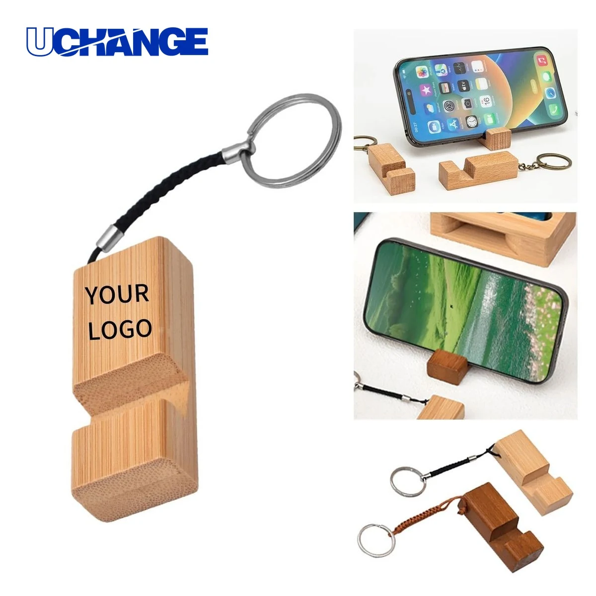 Wooden Phone Stand Keychain Accessory Foldable for Smartphones 1
