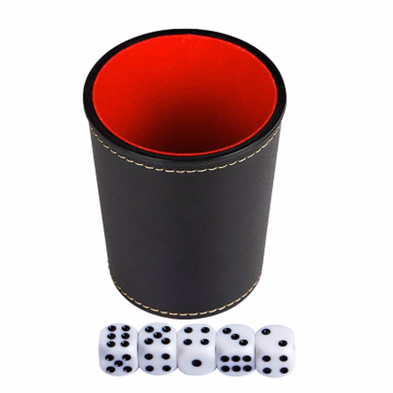 Dice Cups PU Leather and Red Velvet Lined, (Includes 5 White Six-Sided Dice)