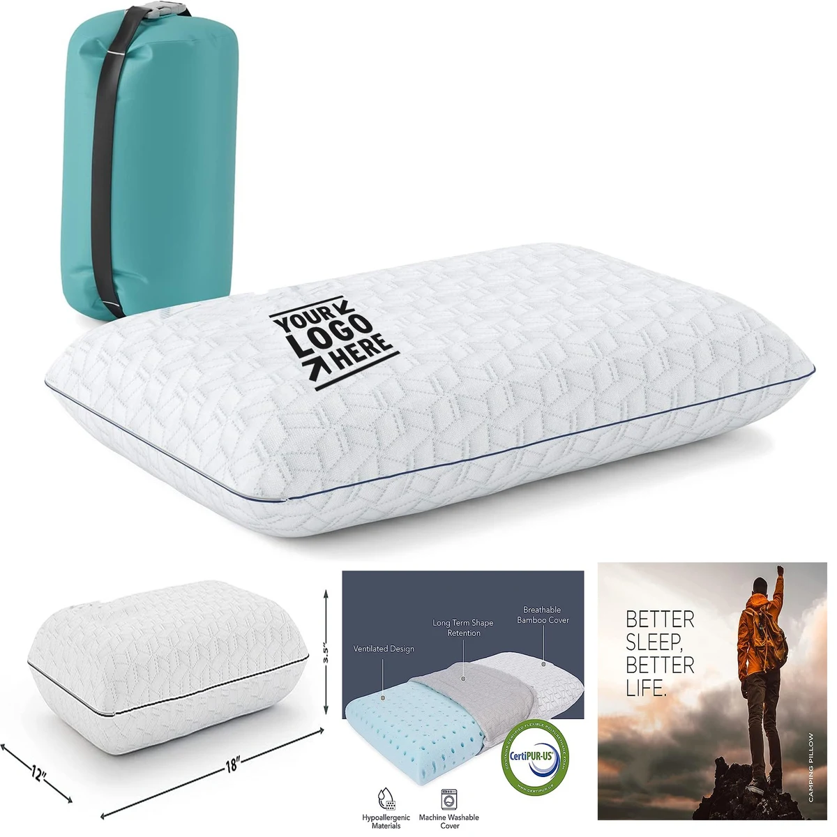 Machine Washable Compressible Medium Firm Memory Foam Breathable Bamboo Cover Travel Camping Pillow 1