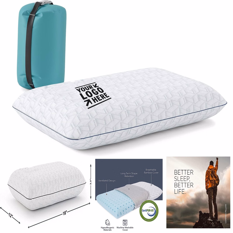 Machine Washable Compressible Medium Firm Memory Foam Breathable Bamboo Cover Travel Camping Pillow