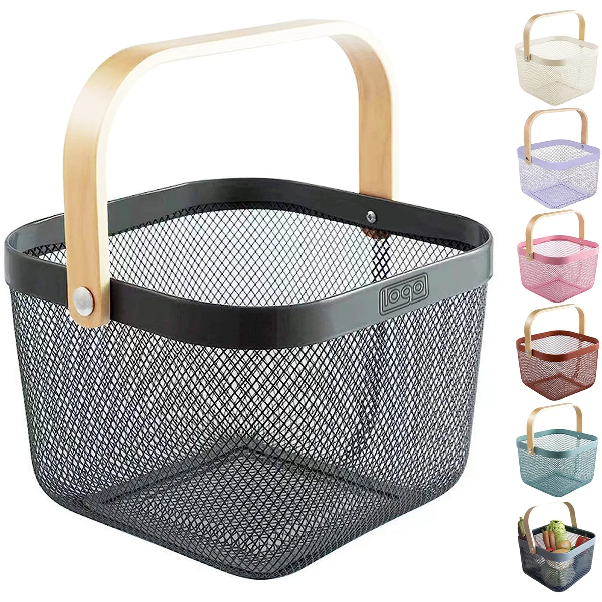 Multi Functional Wooden Handle Mesh Metal Storage Basket 1