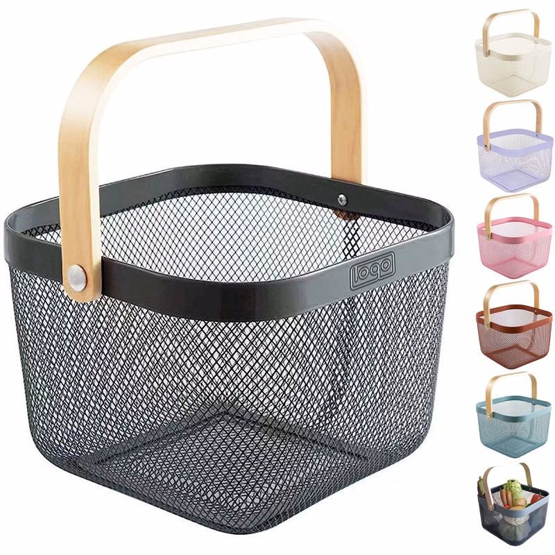 Multi Functional Wooden Handle Mesh Metal Storage Basket