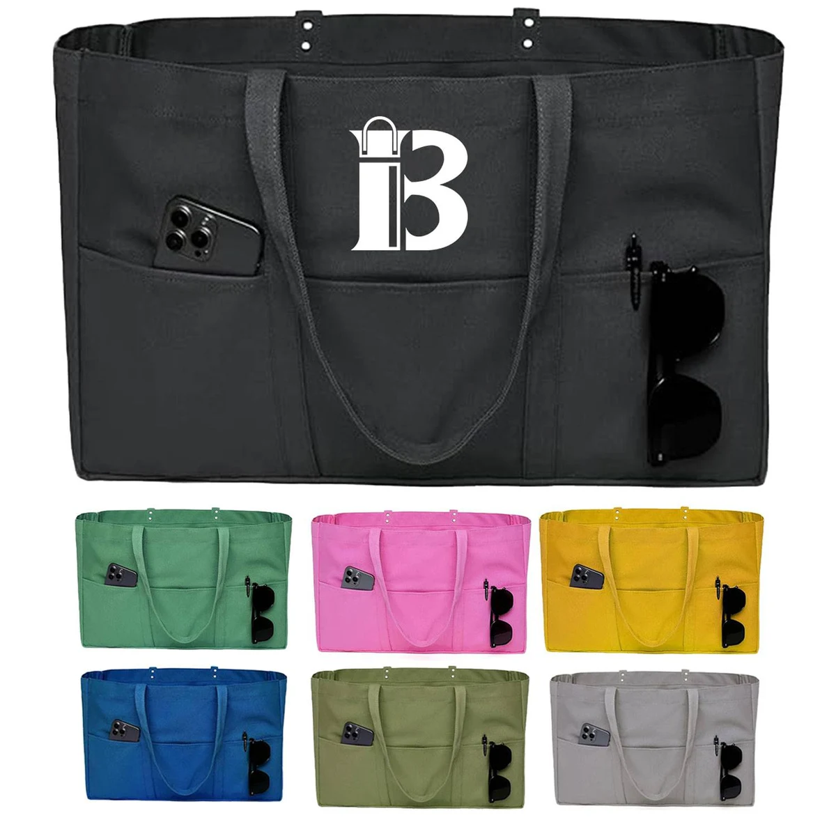 Large Capacity Canvas Tote Bag w/ Pocket for Work Travel, custom tote bag with logo imprint 1