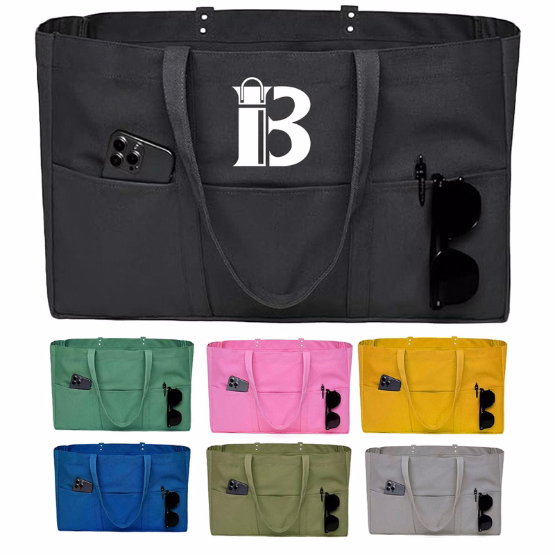 Large Capacity Canvas Tote Bag w/ Pocket for Work Travel